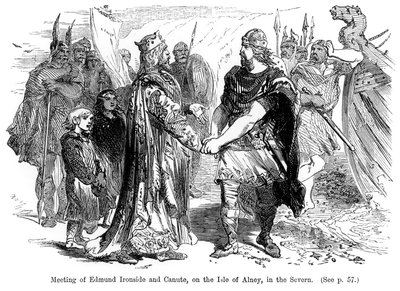 Treffen von Edmund Ironside (981-1016) und Knut (994-1035) auf der Insel Alney im Severn im Jahr 1016 von English School
